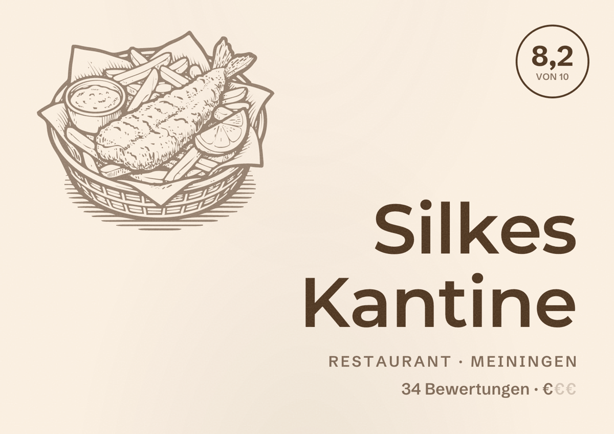 Illustriertes Poster von Silkes Kantine, Restaurant in Meiningen: Bewertung 8,2 von 10 aus 34 Bewertungen, Preisniveau €