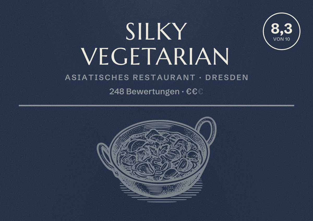 Illustriertes Poster von Silky Vegetarian, Asiatisches Restaurant in Dresden: Bewertung 8,3 von 10 aus 248 Bewertungen, Preisniveau €€