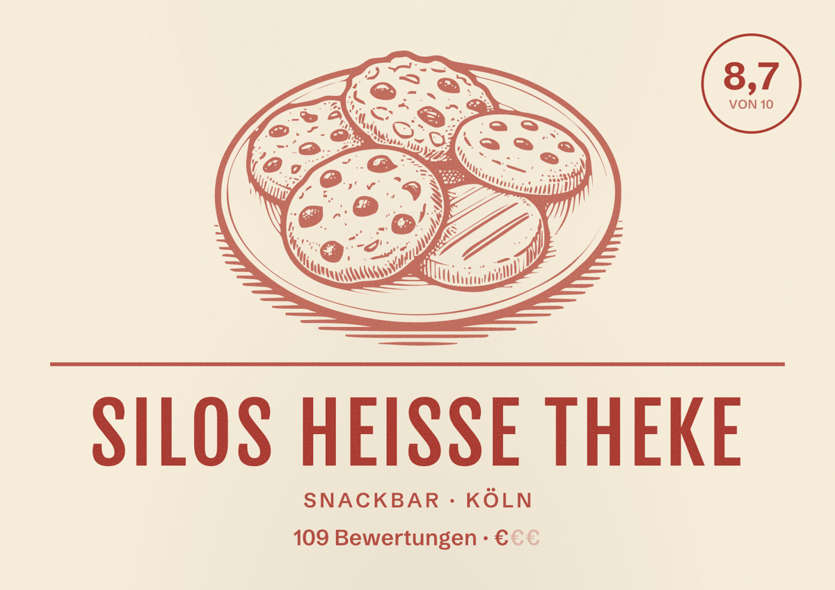 Illustriertes Poster von Silos Heiße Theke, Snackbar in Köln: Bewertung 8,7 von 10 aus 109 Bewertungen, Preisniveau €