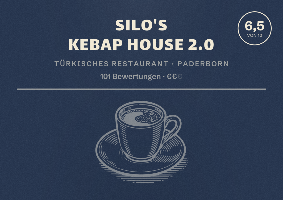 Illustriertes Poster von Silo's Kebap House 2.0, Türkisches Restaurant in Paderborn: Bewertung 6,5 von 10 aus 101 Bewertungen, Preisniveau €€