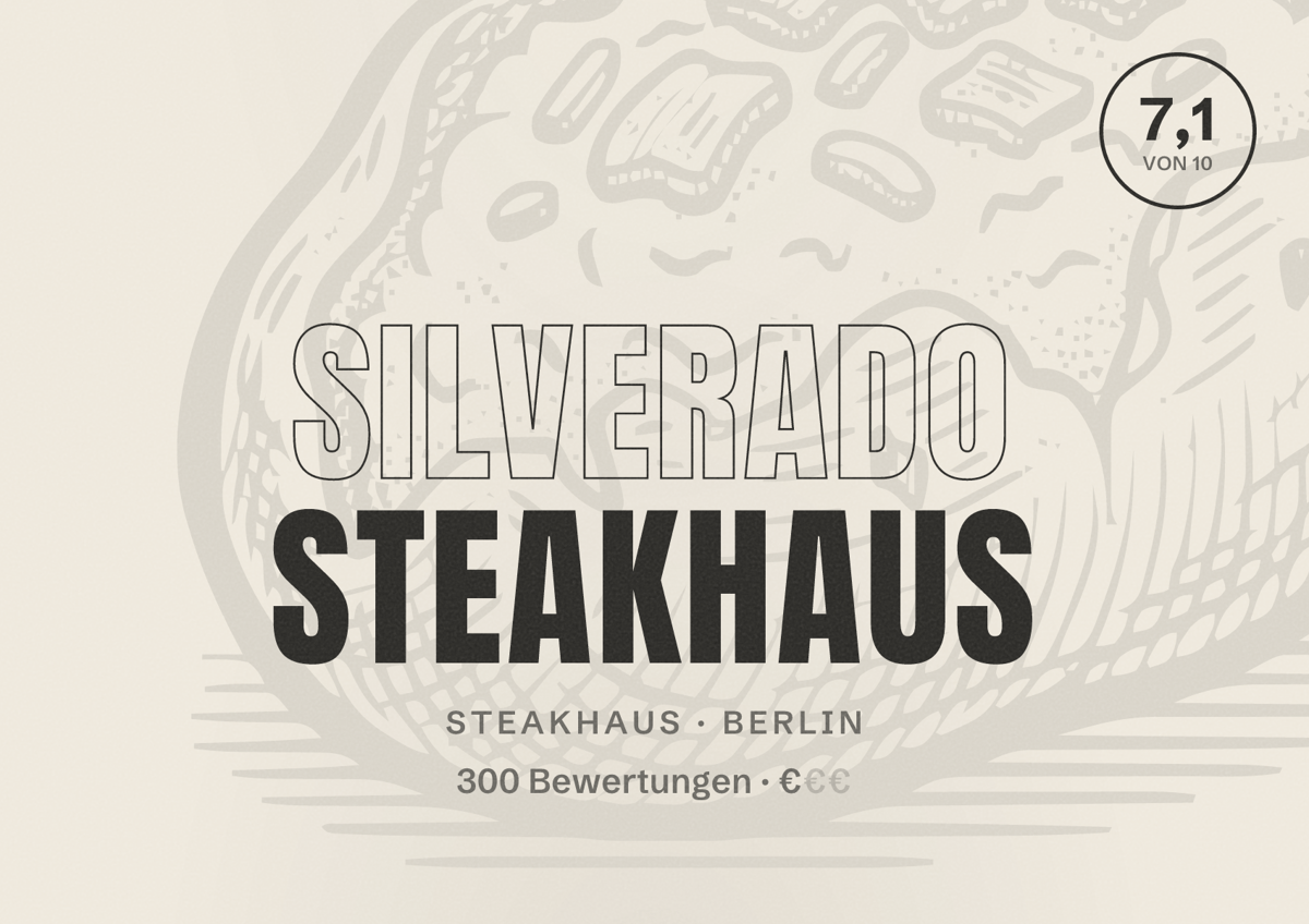 Illustriertes Poster von Silverado Steakhaus, Steakhaus in Berlin: Bewertung 7,1 von 10 aus 300 Bewertungen, Preisniveau €