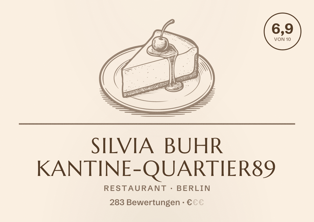 Illustriertes Poster von Silvia Buhr Kantine-Quartier89, Restaurant in Berlin: Bewertung 6,9 von 10 aus 283 Bewertungen, Preisniveau €