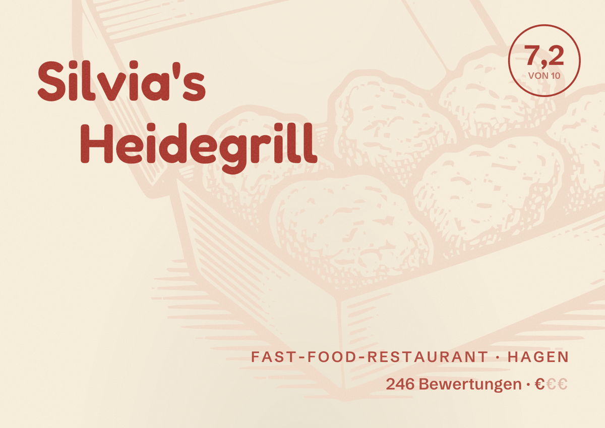 Illustriertes Poster von Silvia's Heidegrill, Fast-Food-Restaurant in Hagen: Bewertung 7,2 von 10 aus 246 Bewertungen, Preisniveau €