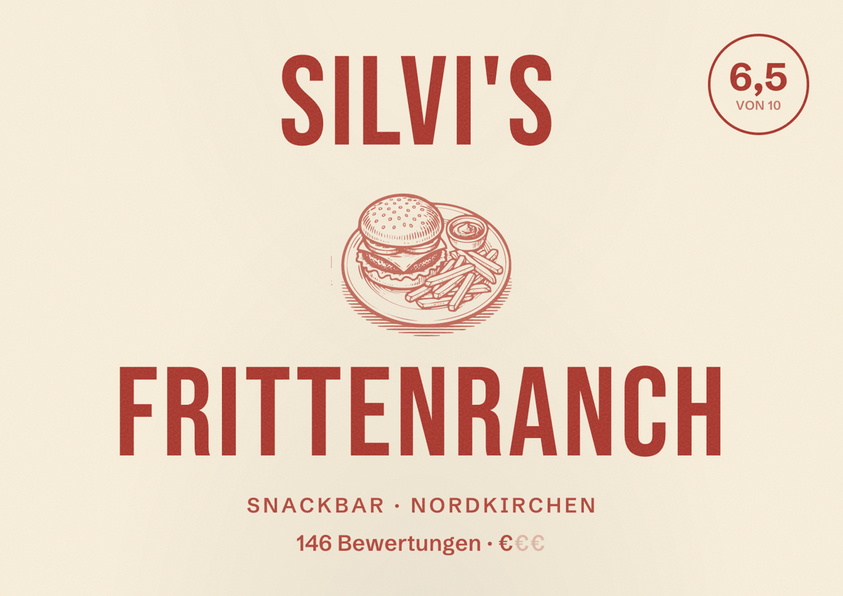 Illustriertes Poster von Silvi's Frittenranch, Snackbar in Nordkirchen: Bewertung 6,5 von 10 aus 146 Bewertungen, Preisniveau €