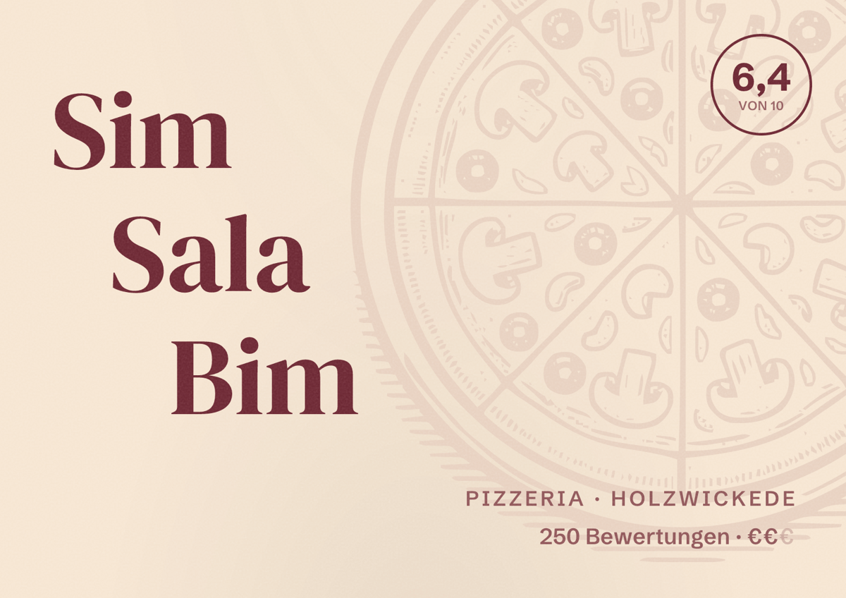 Illustriertes Poster von Sim Sala Bim, Pizzeria in Holzwickede: Bewertung 6,4 von 10 aus 250 Bewertungen, Preisniveau €€