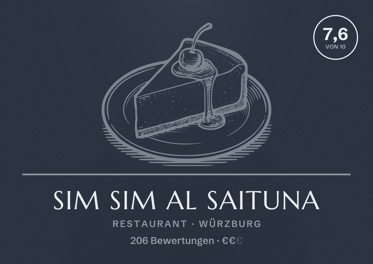 Illustriertes Poster von Sim Sim al Saituna, Restaurant in Würzburg: Bewertung 7,6 von 10 aus 206 Bewertungen, Preisniveau €€
