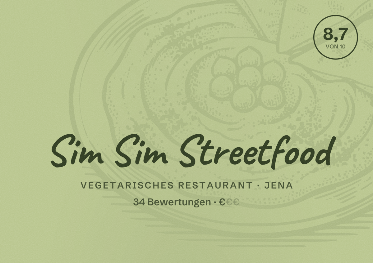 Illustriertes Poster von Sim Sim Streetfood, Vegetarisches Restaurant in Jena: Bewertung 8,7 von 10 aus 34 Bewertungen, Preisniveau €