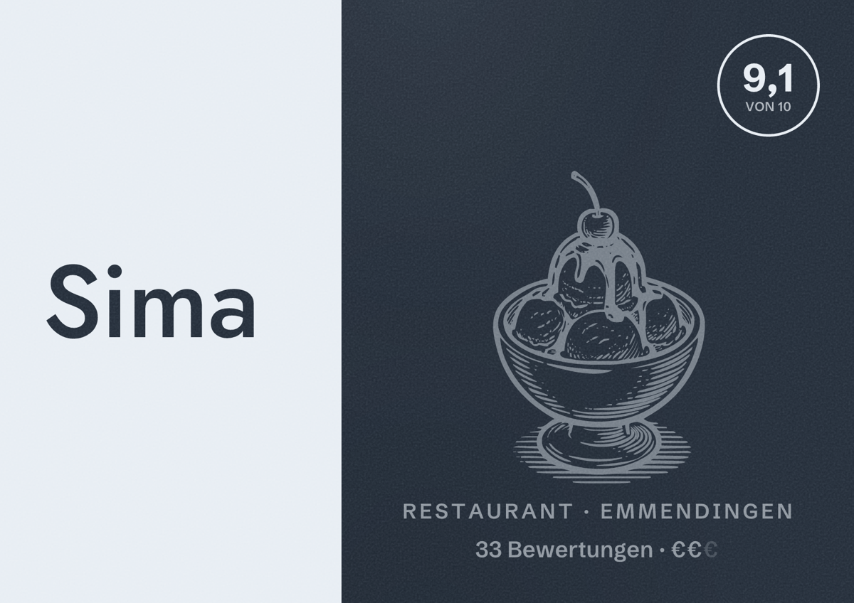Illustriertes Poster von Sima, Restaurant in Emmendingen: Bewertung 9,1 von 10 aus 33 Bewertungen, Preisniveau €€