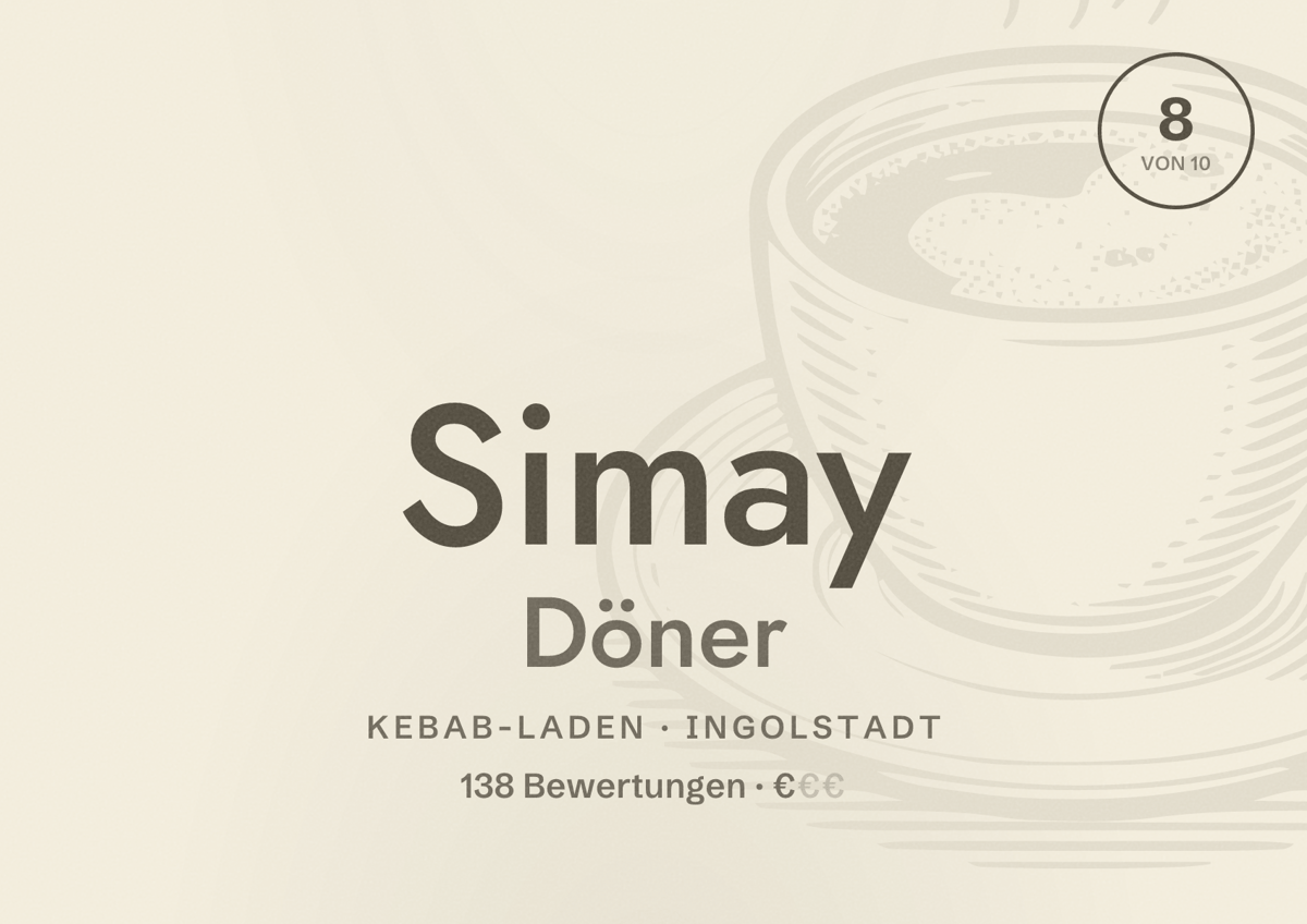 Illustriertes Poster von Simay Döner, Kebab-Laden in Ingolstadt: Bewertung 8 von 10 aus 138 Bewertungen, Preisniveau €