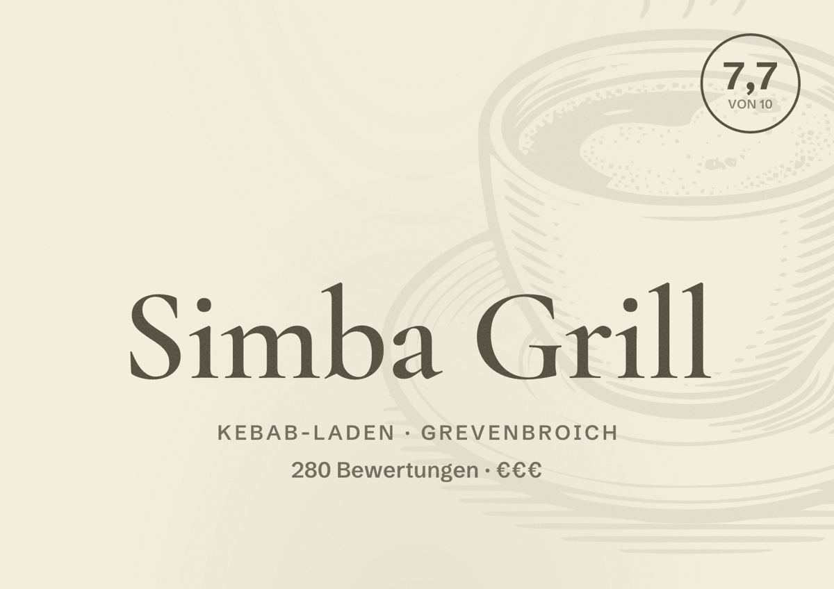 Illustriertes Poster von Simba Grill, Kebab-Laden in Grevenbroich: Bewertung 7,7 von 10 aus 280 Bewertungen, Preisniveau €€€