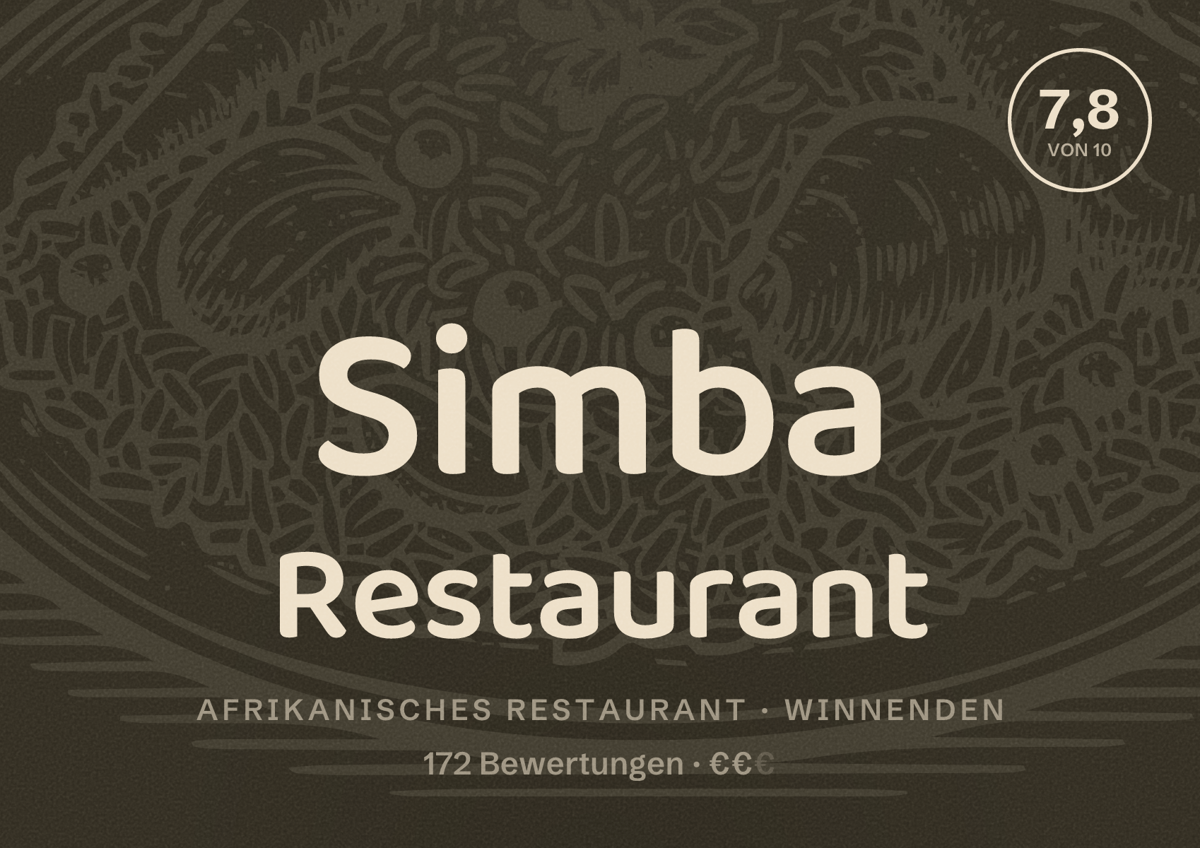 Illustriertes Poster von Simba Restaurant, Afrikanisches Restaurant in Winnenden: Bewertung 7,8 von 10 aus 172 Bewertungen, Preisniveau €€