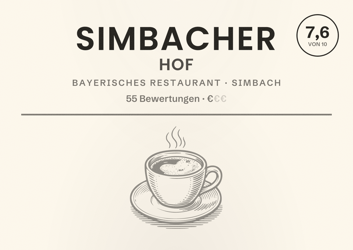 Illustriertes Poster von Simbacher Hof, Bayerisches Restaurant in Simbach: Bewertung 7,6 von 10 aus 55 Bewertungen, Preisniveau €