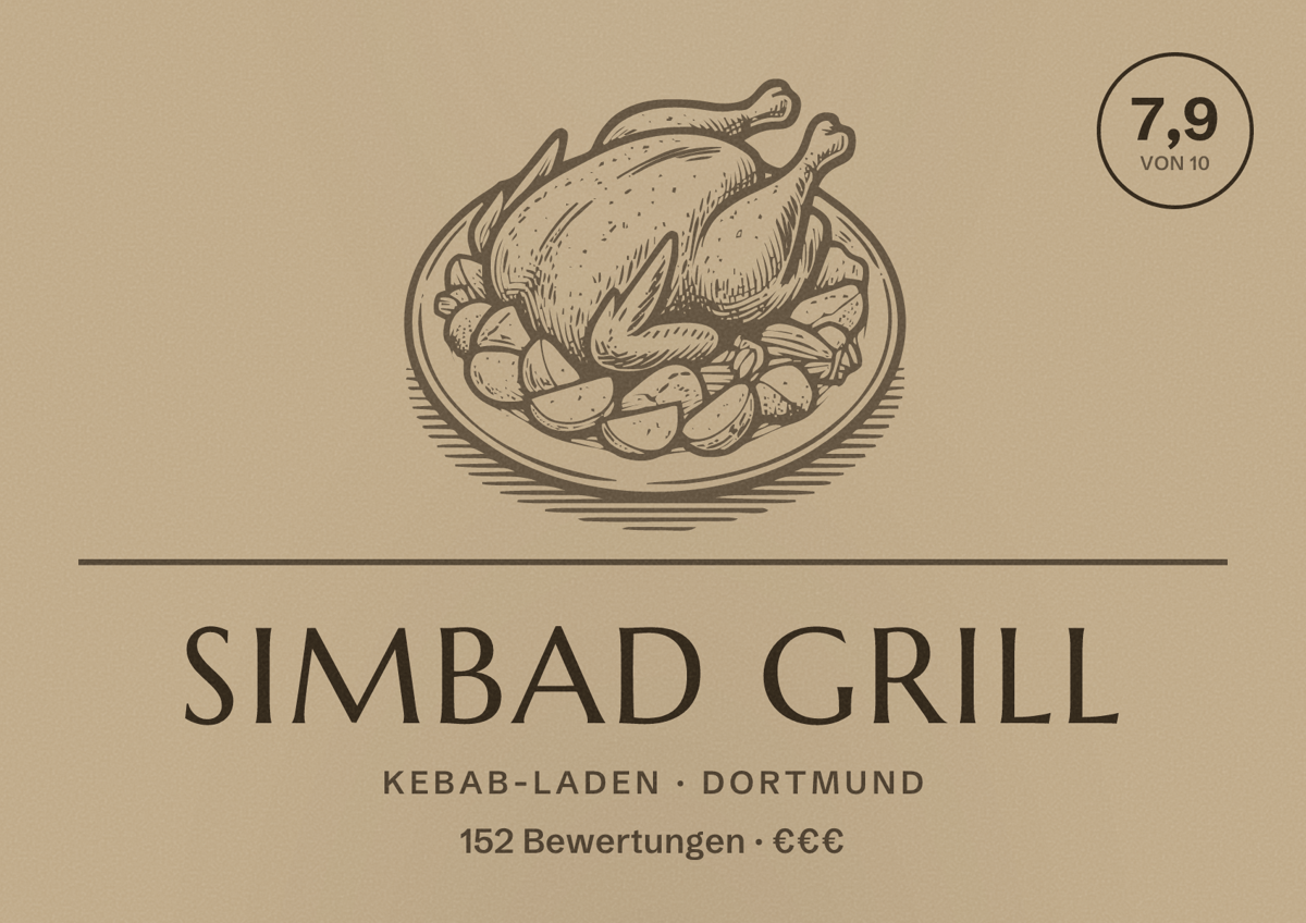 Illustriertes Poster von Simbad Grill, Kebab-Laden in Dortmund: Bewertung 7,9 von 10 aus 152 Bewertungen, Preisniveau €€€