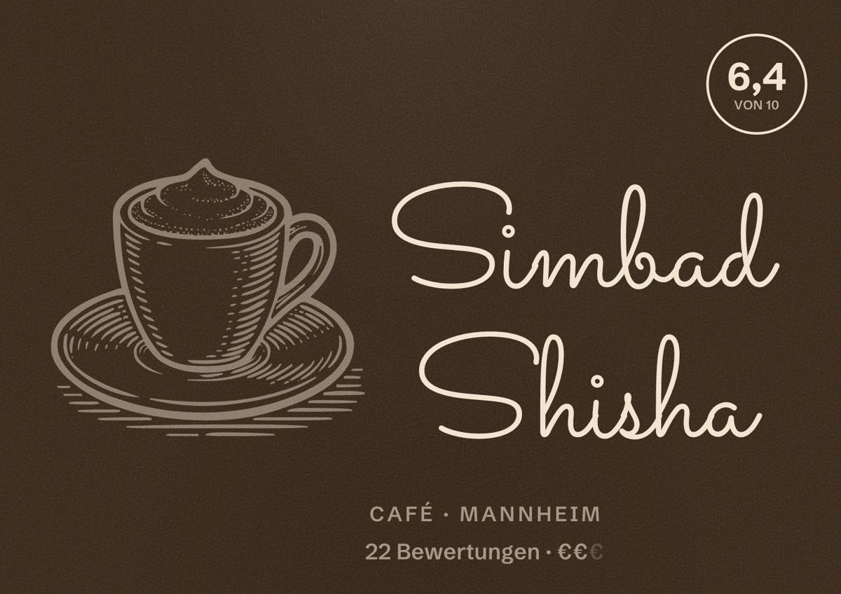Illustriertes Poster von Simbad Shisha, Café in Mannheim: Bewertung 6,4 von 10 aus 22 Bewertungen, Preisniveau €€
