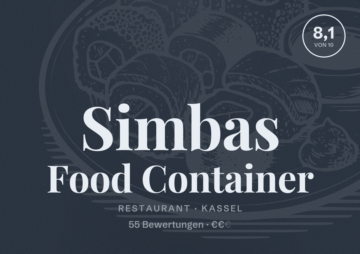 Illustriertes Poster von Simbas Food Container, Restaurant in Kassel: Bewertung 8,1 von 10 aus 55 Bewertungen, Preisniveau €€