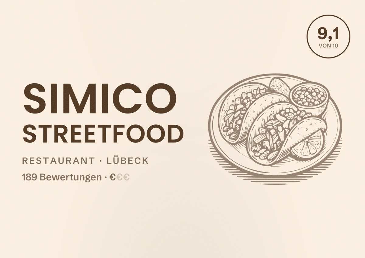 Illustriertes Poster von Simico Streetfood, Restaurant in Lübeck: Bewertung 9,1 von 10 aus 189 Bewertungen, Preisniveau €