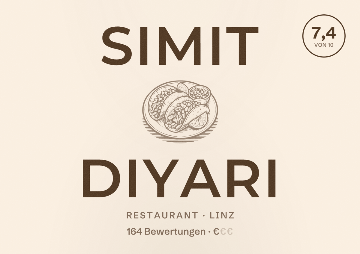 Illustriertes Poster von Simit Diyarı, Restaurant in Linz: Bewertung 7,4 von 10 aus 164 Bewertungen, Preisniveau €