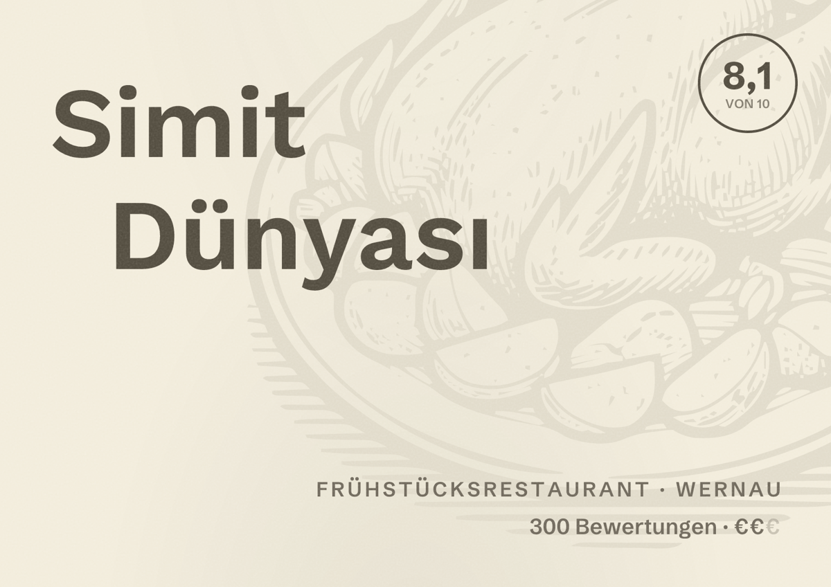 Illustriertes Poster von Simit Dünyası, Frühstücksrestaurant in Wernau: Bewertung 8,1 von 10 aus 300 Bewertungen, Preisniveau €€