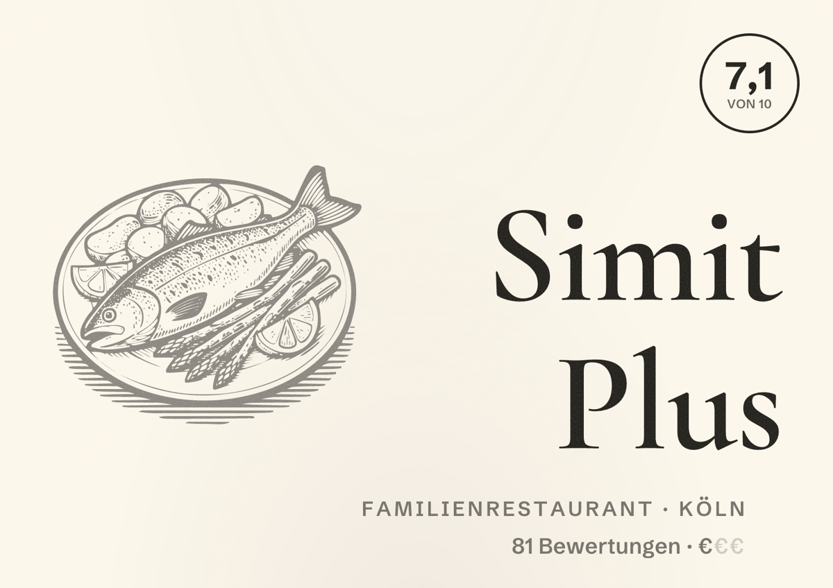 Illustriertes Poster von Simit Plus, Familienrestaurant in Köln: Bewertung 7,1 von 10 aus 81 Bewertungen, Preisniveau €