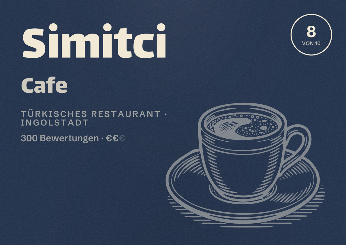 Illustriertes Poster von Simitci Cafe, Türkisches Restaurant in Ingolstadt: Bewertung 8 von 10 aus 300 Bewertungen, Preisniveau €€
