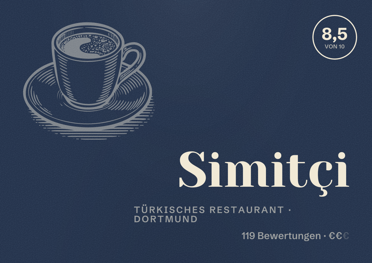 Illustriertes Poster von Simitçi, Türkisches Restaurant in Dortmund: Bewertung 8,5 von 10 aus 119 Bewertungen, Preisniveau €€