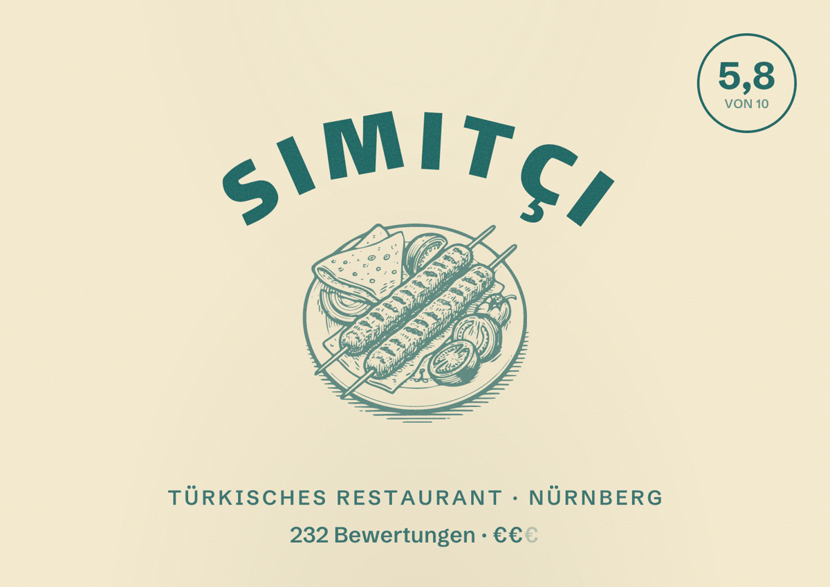 Illustriertes Poster von Simitçi, Türkisches Restaurant in Nürnberg: Bewertung 5,8 von 10 aus 232 Bewertungen, Preisniveau €€