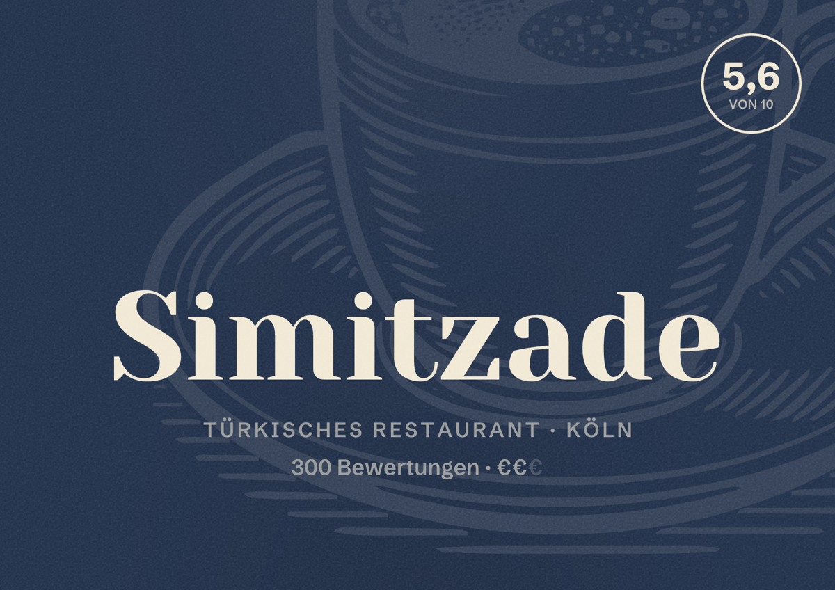 Illustriertes Poster von Simitzade, Türkisches Restaurant in Köln: Bewertung 5,6 von 10 aus 300 Bewertungen, Preisniveau €€