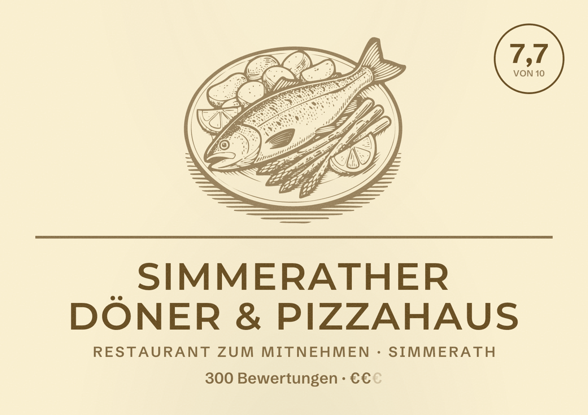 Illustriertes Poster von Simmerather Döner & Pizzahaus, Restaurant zum Mitnehmen in Simmerath: Bewertung 7,7 von 10 aus 300 Bewertungen, Preisniveau €€