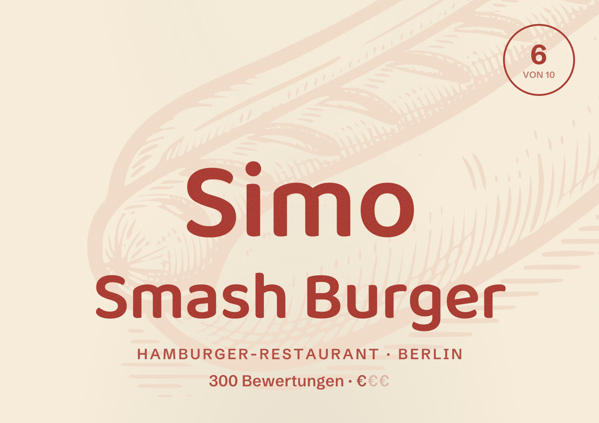 Illustriertes Poster von Simo Smash Burger, Hamburger-Restaurant in Berlin: Bewertung 6,0 von 10 aus 300 Bewertungen, Preisniveau €