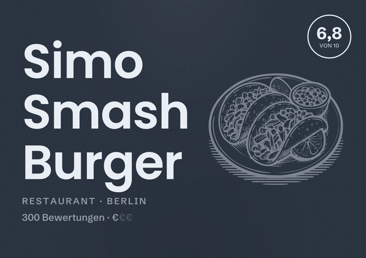 Illustriertes Poster von Simo Smash Burger, Restaurant in Berlin: Bewertung 6,8 von 10 aus 300 Bewertungen, Preisniveau €