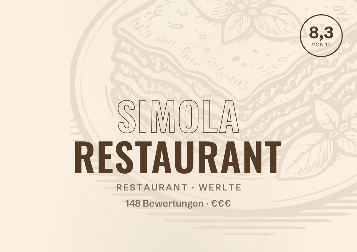 Illustriertes Poster von Simola Restaurant, Restaurant in Werlte: Bewertung 8,3 von 10 aus 148 Bewertungen, Preisniveau €€€