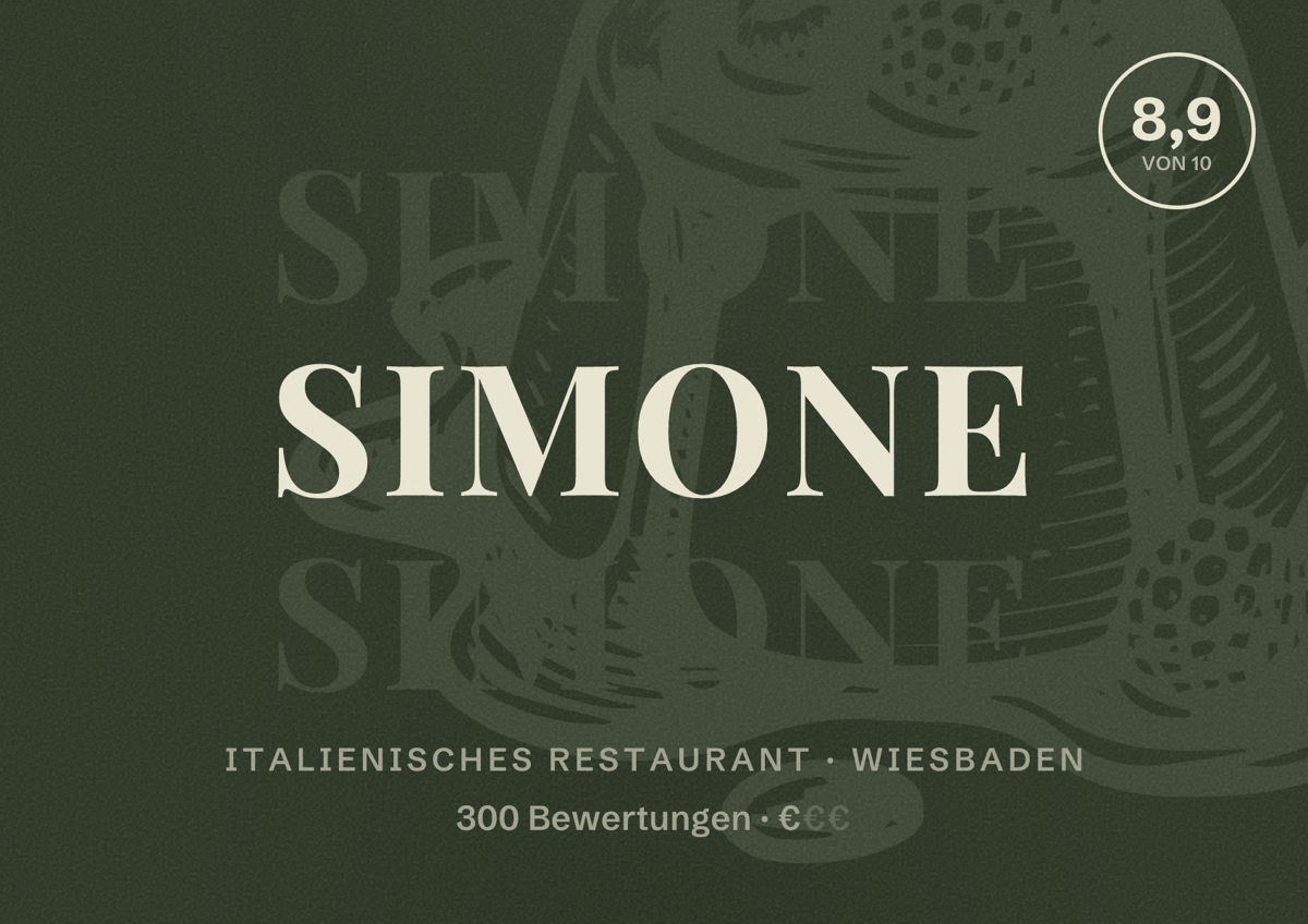 Illustriertes Poster von Simone, Italienisches Restaurant in Wiesbaden: Bewertung 8,9 von 10 aus 300 Bewertungen, Preisniveau €