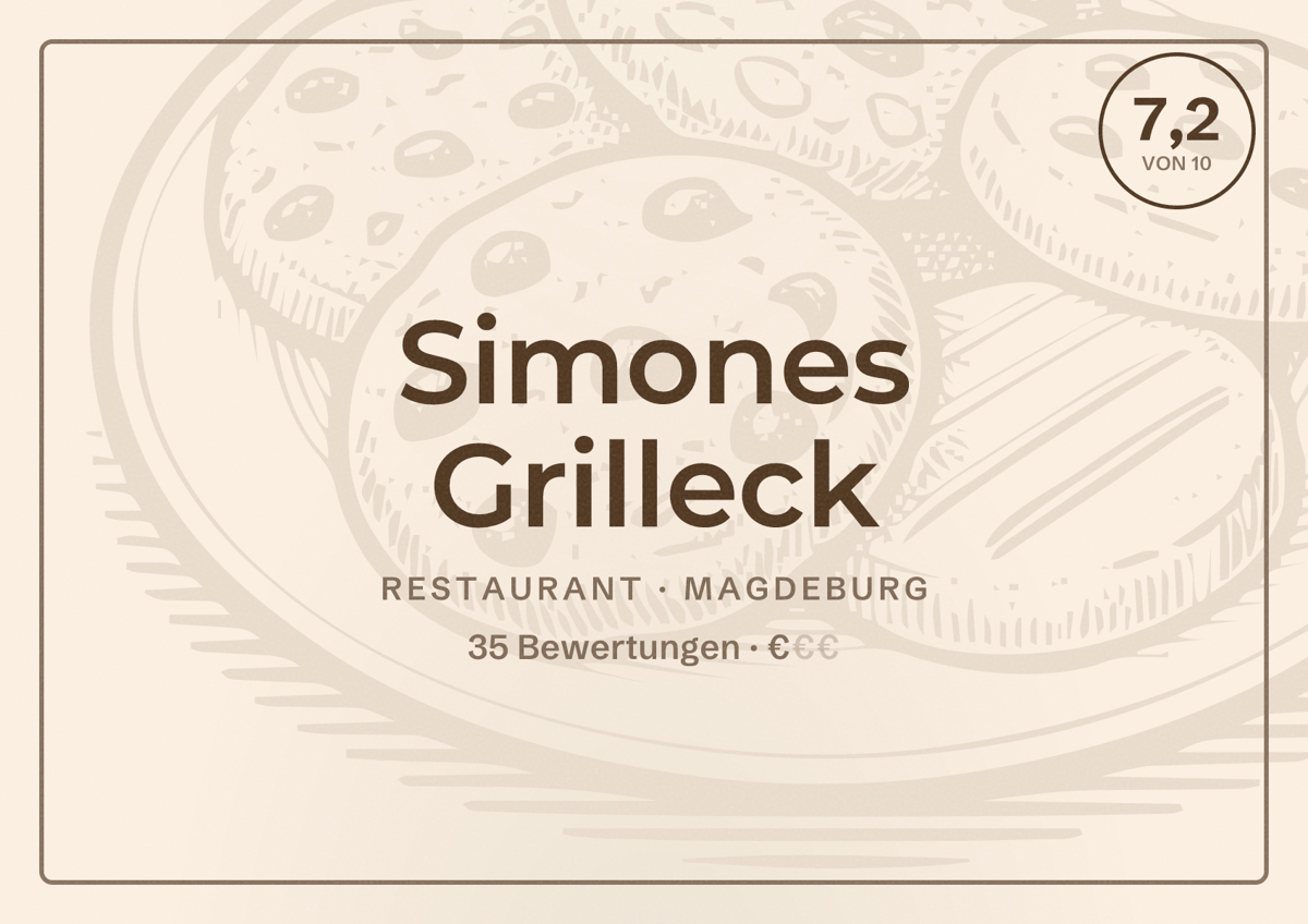 Illustriertes Poster von Simones Grilleck, Restaurant in Magdeburg: Bewertung 7,2 von 10 aus 35 Bewertungen, Preisniveau €