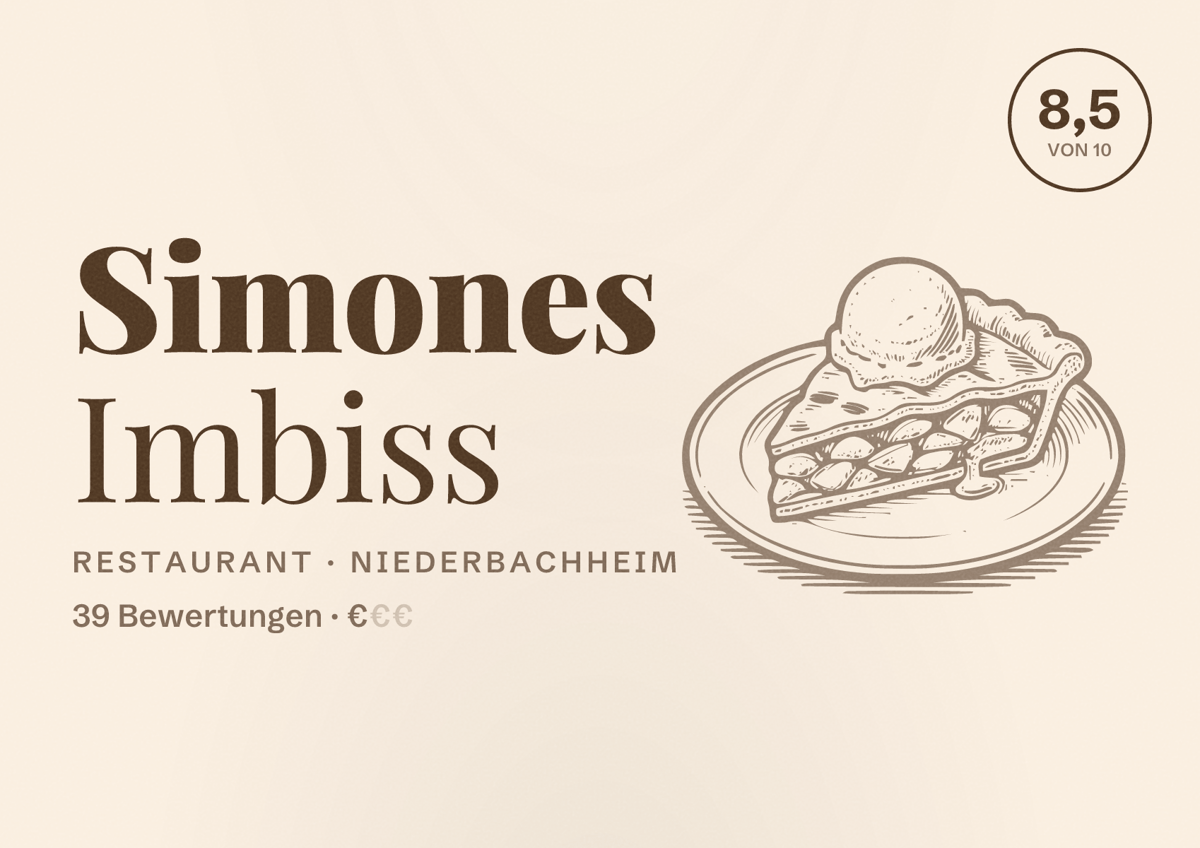 Illustriertes Poster von Simones Imbiss, Restaurant in Niederbachheim: Bewertung 8,5 von 10 aus 39 Bewertungen, Preisniveau €