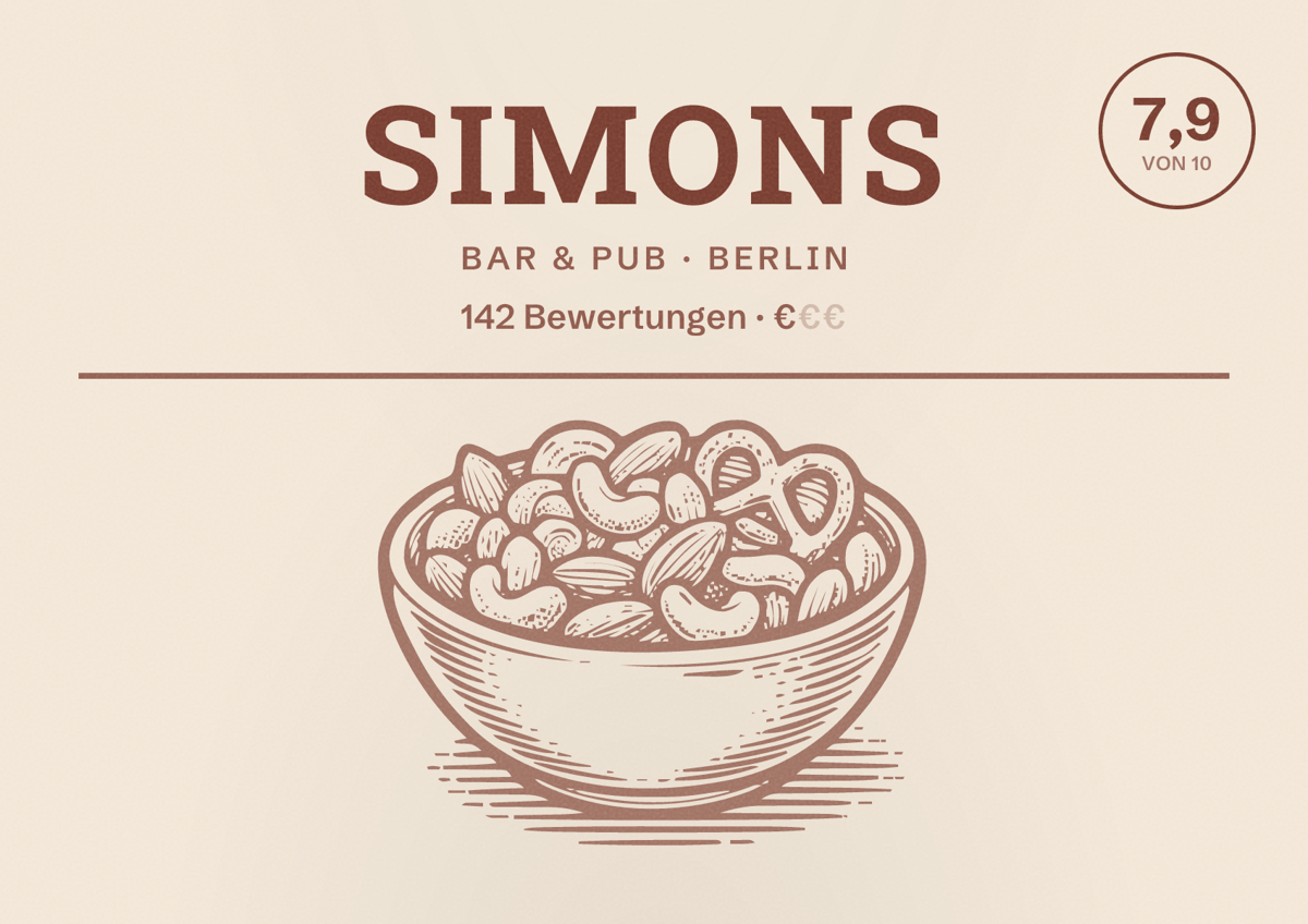 Illustriertes Poster von Simons, Bar & Pub in Berlin: Bewertung 7,9 von 10 aus 142 Bewertungen, Preisniveau €