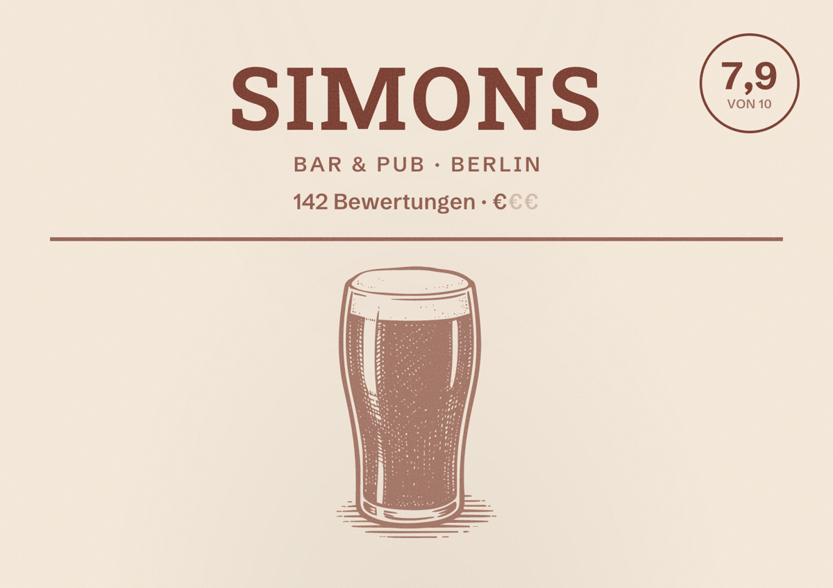 Illustriertes Poster von Simons, Bar & Pub in Berlin: Bewertung 7,9 von 10 aus 142 Bewertungen, Preisniveau €