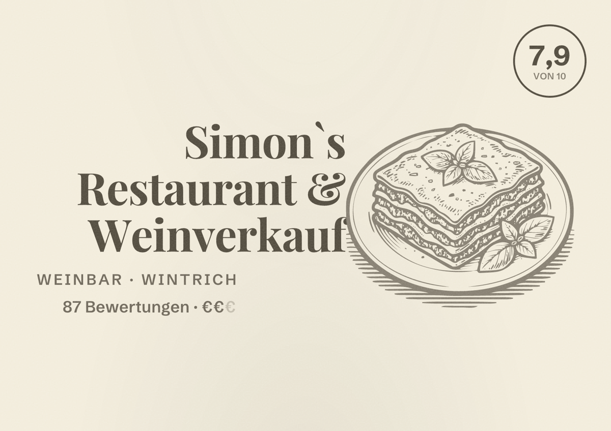 Illustriertes Poster von Simon`s Restaurant & Weinverkauf, Weinbar in Wintrich: Bewertung 7,9 von 10 aus 87 Bewertungen, Preisniveau €€