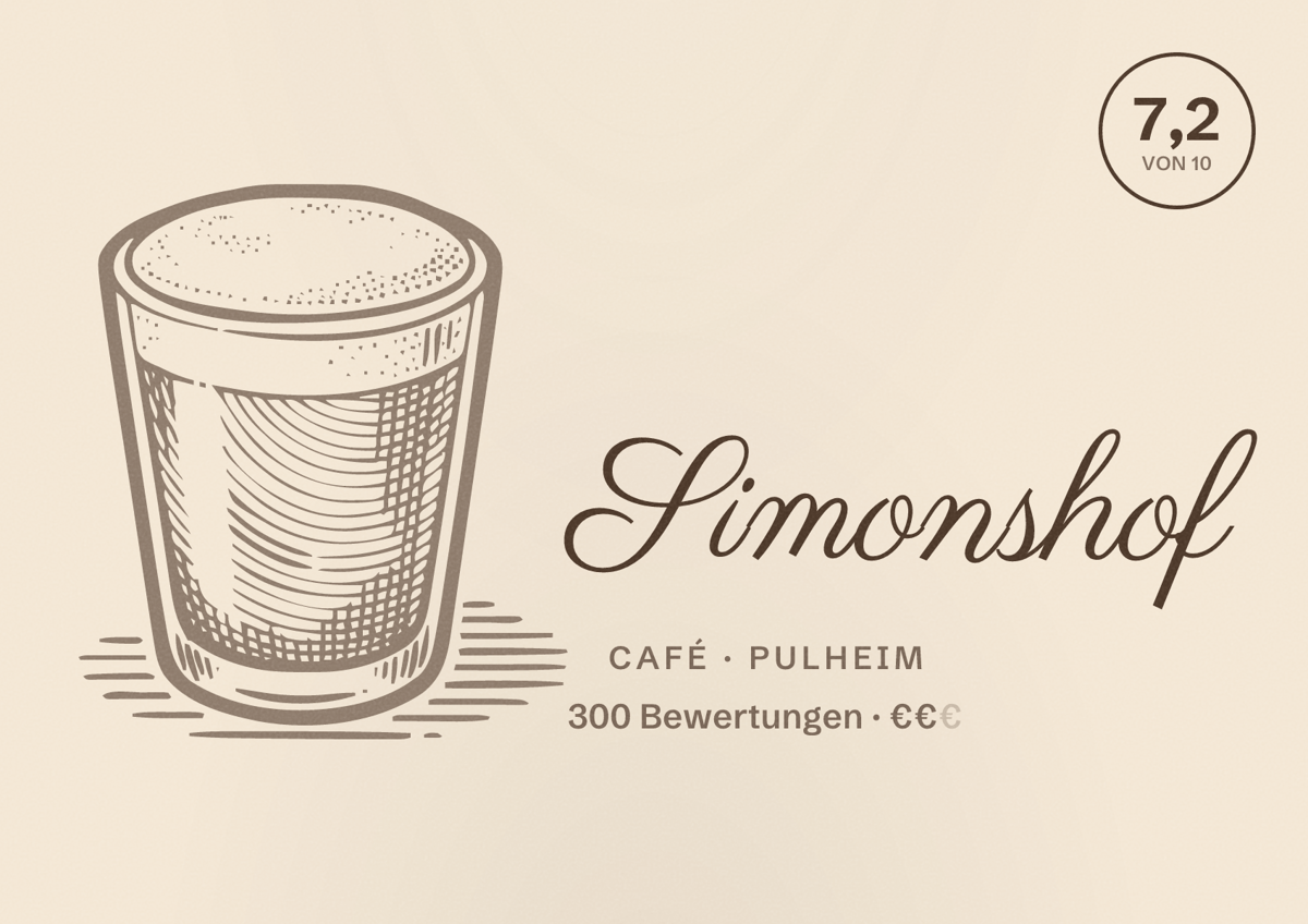 Illustriertes Poster von Simonshof, Café in Pulheim: Bewertung 7,2 von 10 aus 300 Bewertungen, Preisniveau €€