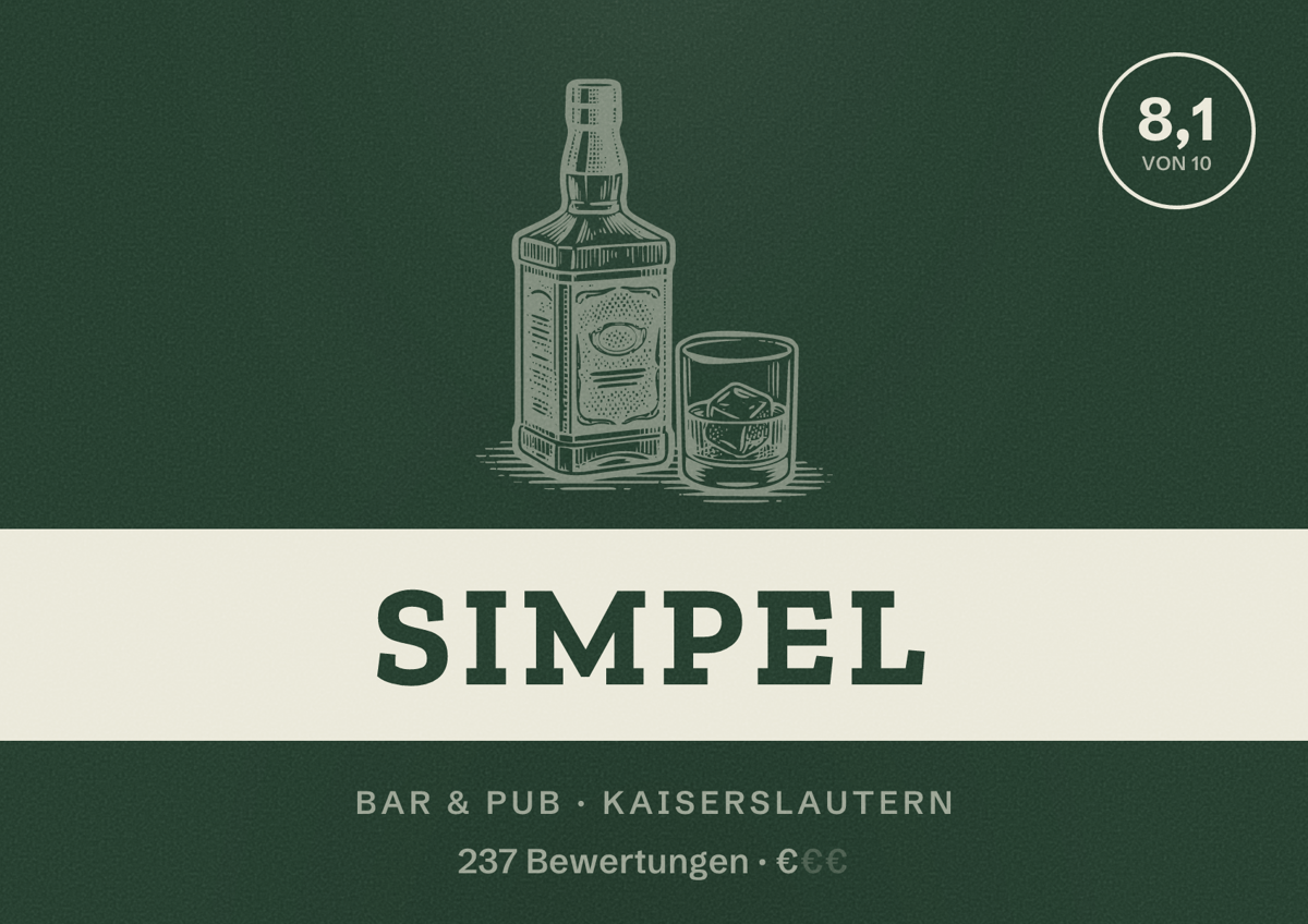 Illustriertes Poster von Simpel, Bar & Pub in Kaiserslautern: Bewertung 8,1 von 10 aus 237 Bewertungen, Preisniveau €