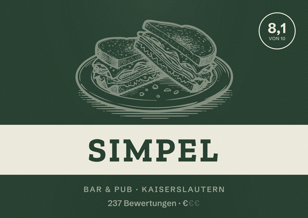 Illustriertes Poster von Simpel, Bar & Pub in Kaiserslautern: Bewertung 8,1 von 10 aus 237 Bewertungen, Preisniveau €