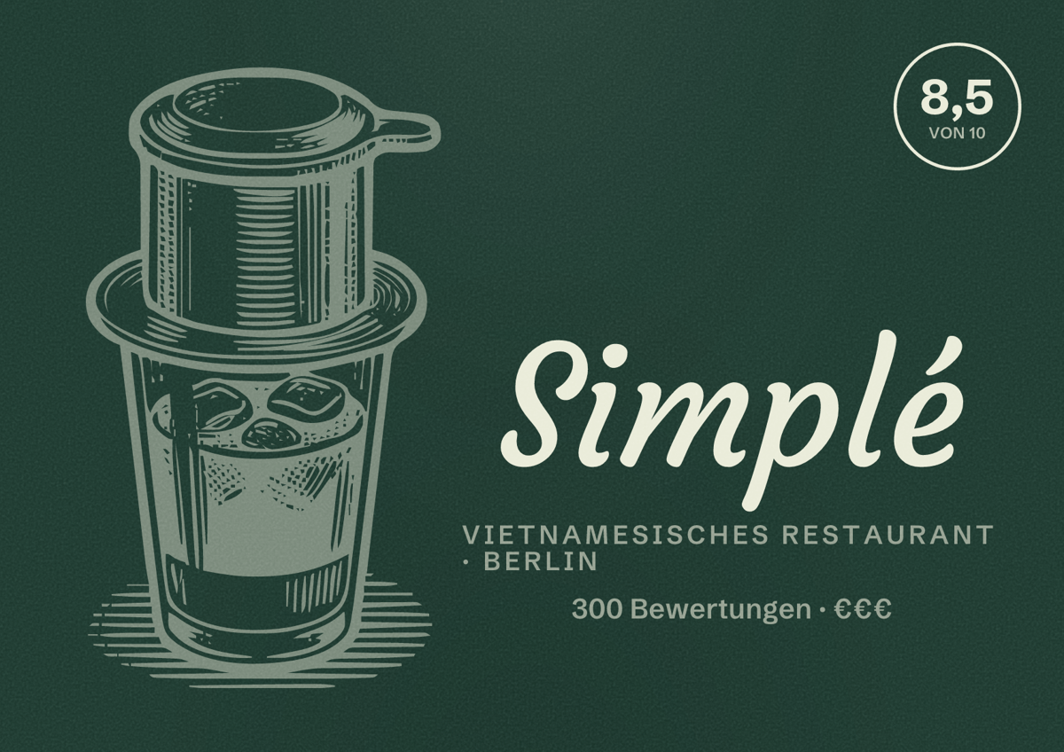 Illustriertes Poster von Simplé, Vietnamesisches Restaurant in Berlin: Bewertung 8,5 von 10 aus 300 Bewertungen, Preisniveau €€€