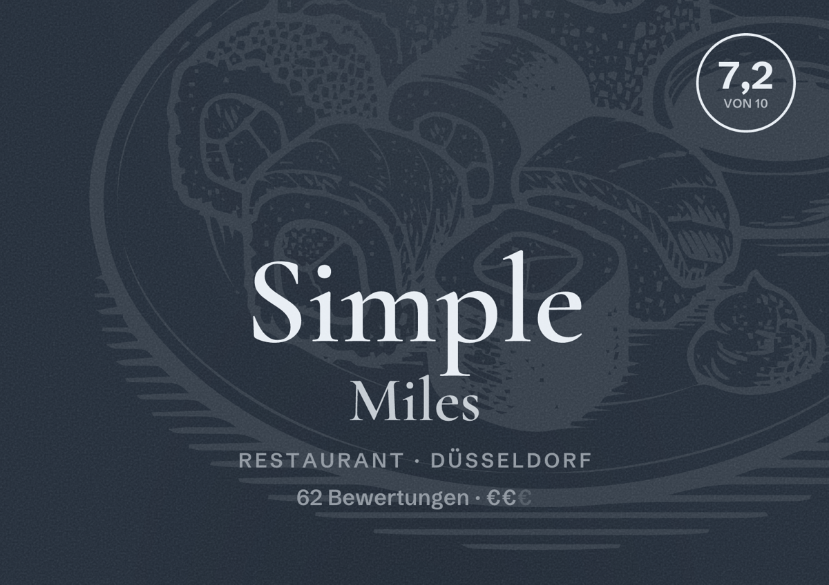 Illustriertes Poster von Simple Miles, Restaurant in Düsseldorf: Bewertung 7,2 von 10 aus 62 Bewertungen, Preisniveau €€