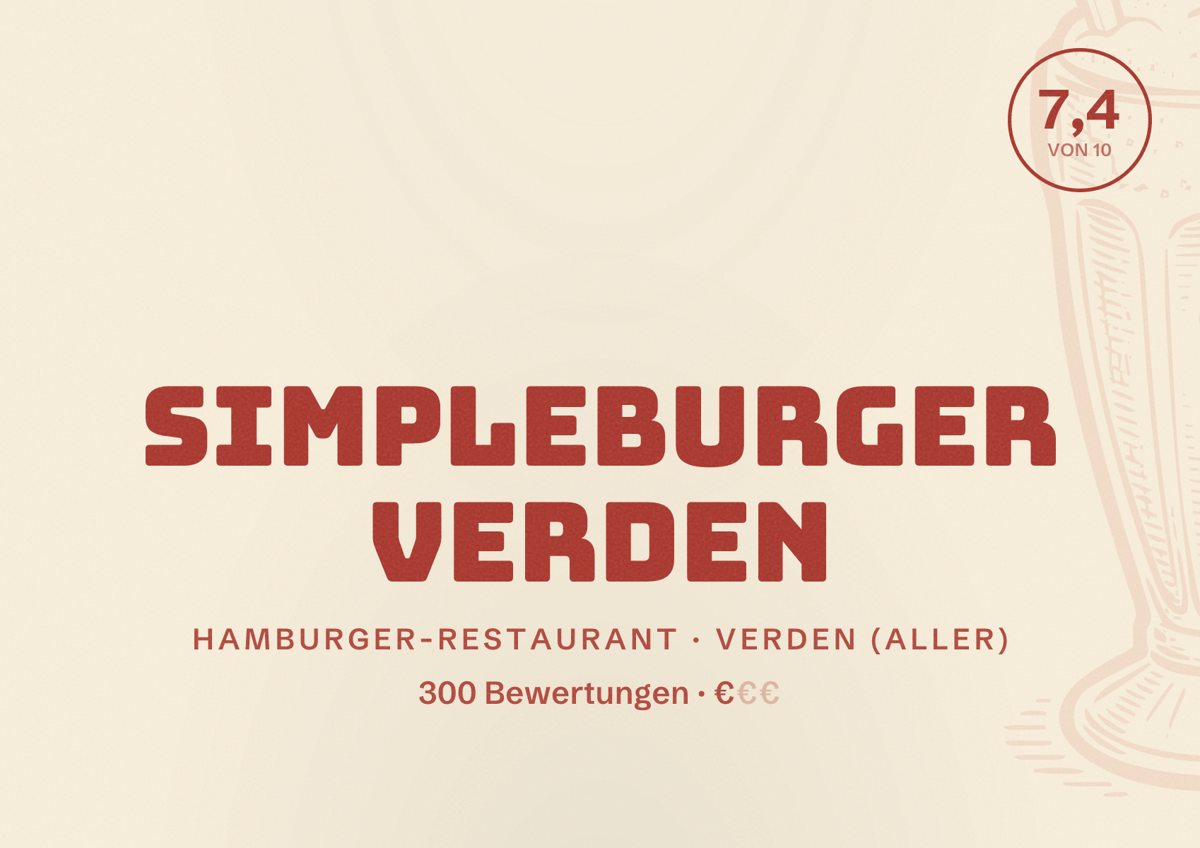 Illustriertes Poster von simpleburger Verden, Hamburger-Restaurant in Verden (Aller): Bewertung 7,4 von 10 aus 300 Bewertungen, Preisniveau €