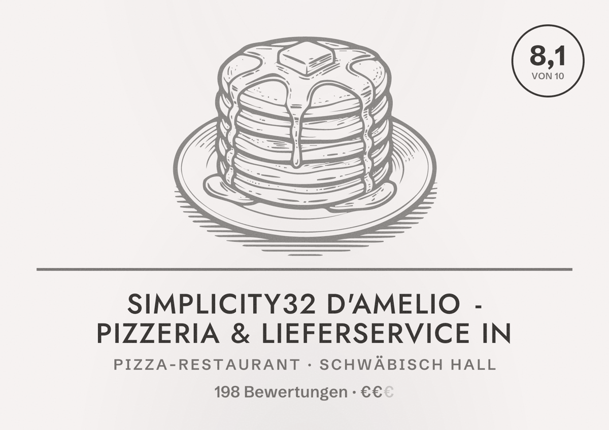 Illustriertes Poster von Simplicity32 D'Amelio - Pizzeria & Lieferservice in, Pizza-Restaurant in Schwäbisch Hall: Bewertung 8,1 von 10 aus 198 Bewertungen, Preisniveau €€