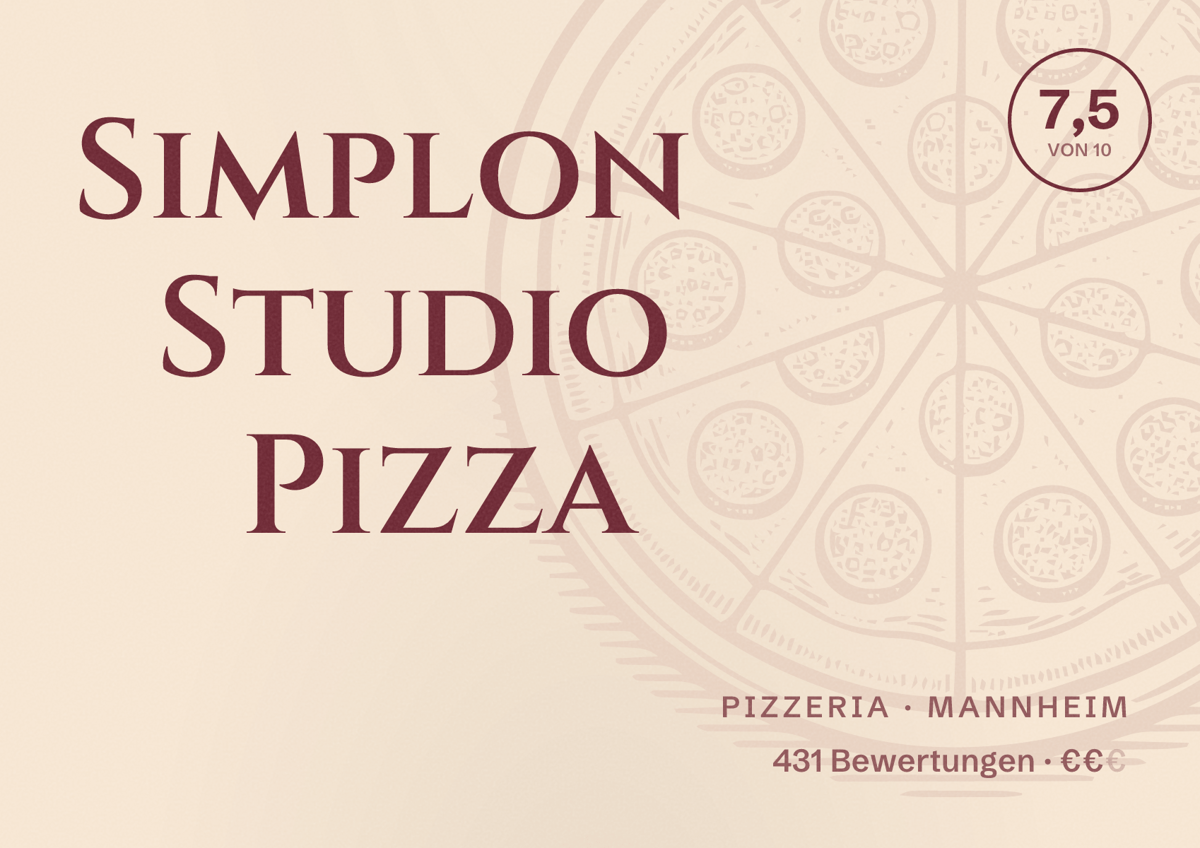 Illustriertes Poster von Simplon Studio Pizza, Pizzeria in Mannheim: Bewertung 7,5 von 10 aus 431 Bewertungen, Preisniveau €€