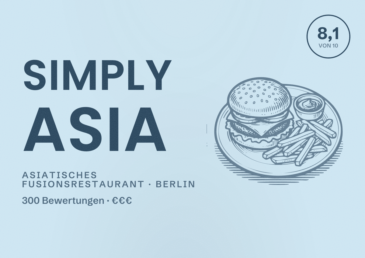 Illustriertes Poster von Simply Asia, Asiatisches Fusionsrestaurant in Berlin: Bewertung 8,1 von 10 aus 300 Bewertungen, Preisniveau €€€