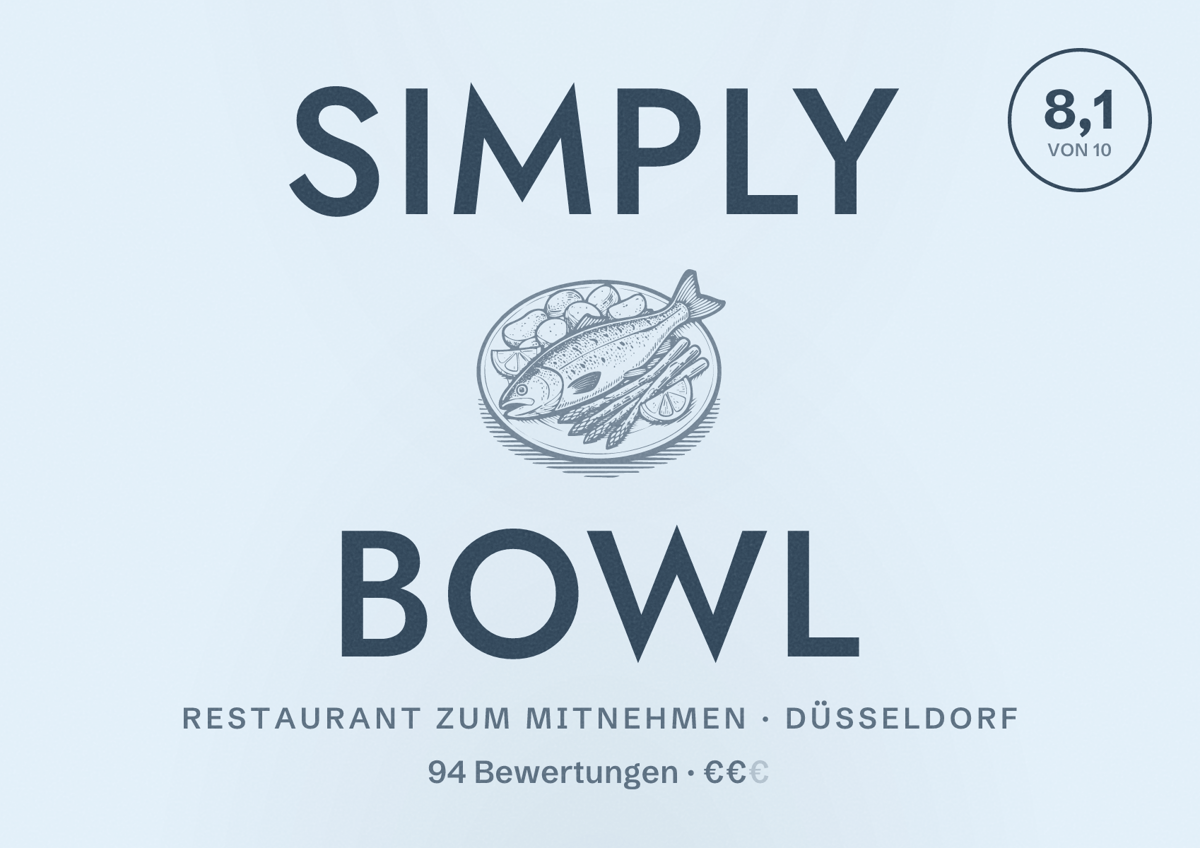 Illustriertes Poster von Simply Bowl, Restaurant zum Mitnehmen in Düsseldorf: Bewertung 8,1 von 10 aus 94 Bewertungen, Preisniveau €€