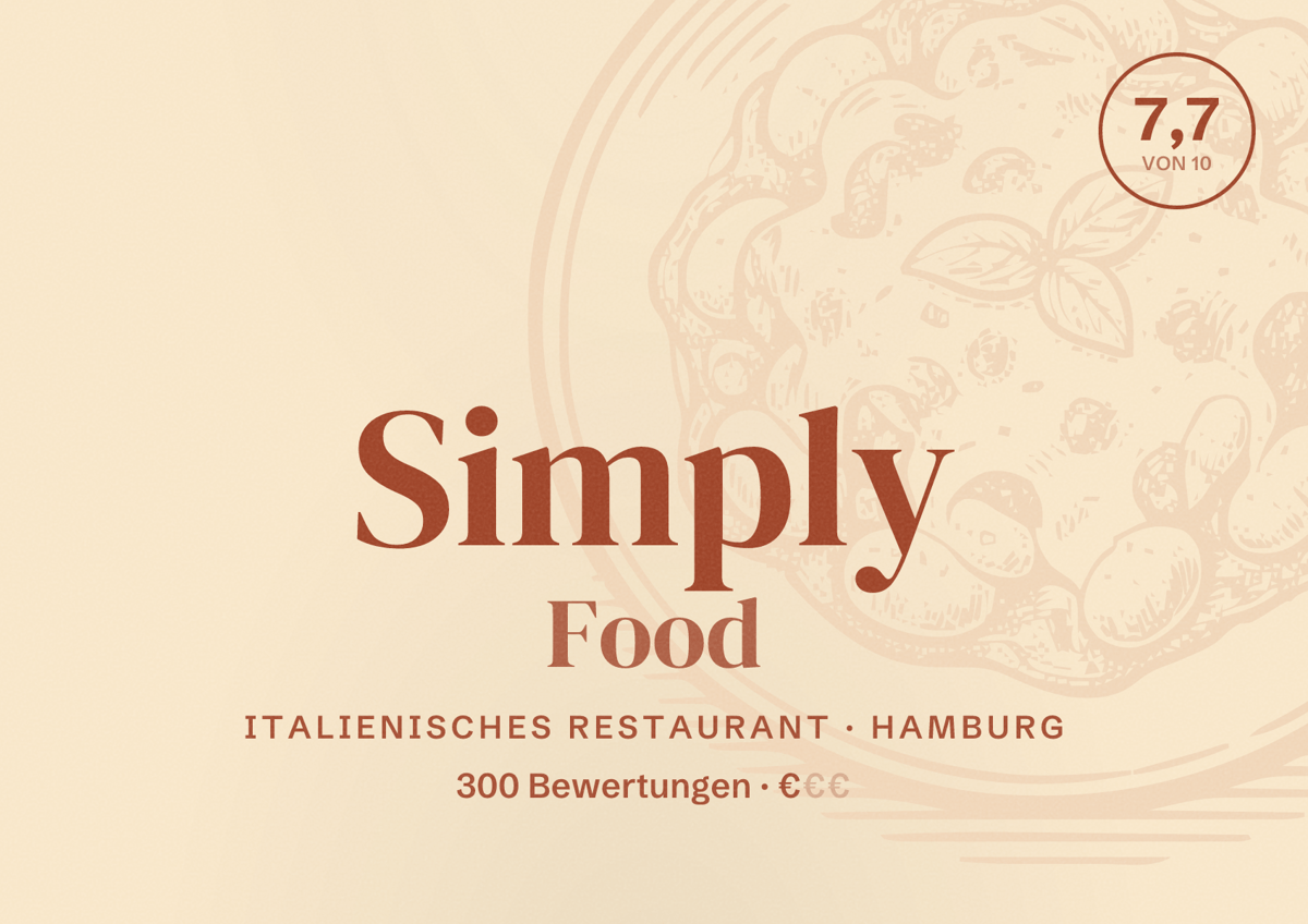 Illustriertes Poster von Simply Food, Italienisches Restaurant in Hamburg: Bewertung 7,7 von 10 aus 300 Bewertungen, Preisniveau €