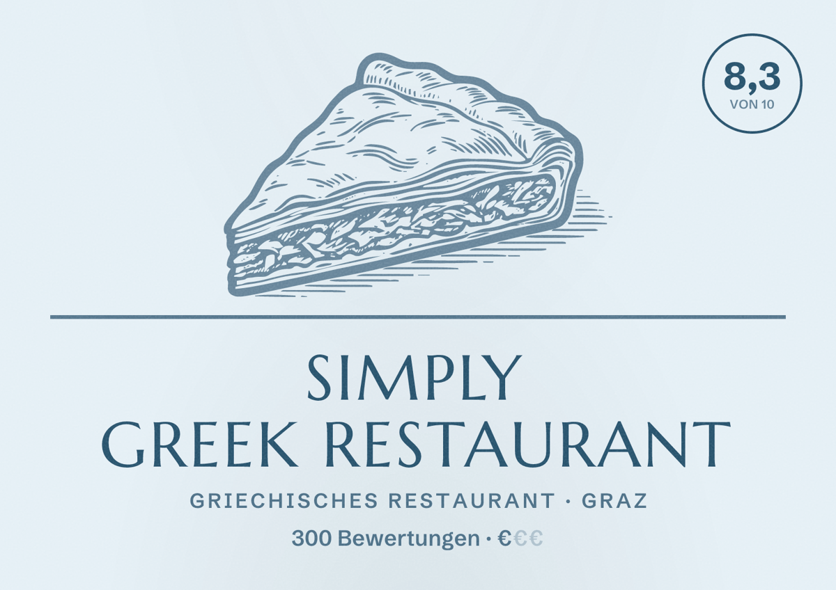 Illustriertes Poster von Simply Greek Restaurant, Griechisches Restaurant in Graz: Bewertung 8,3 von 10 aus 300 Bewertungen, Preisniveau €
