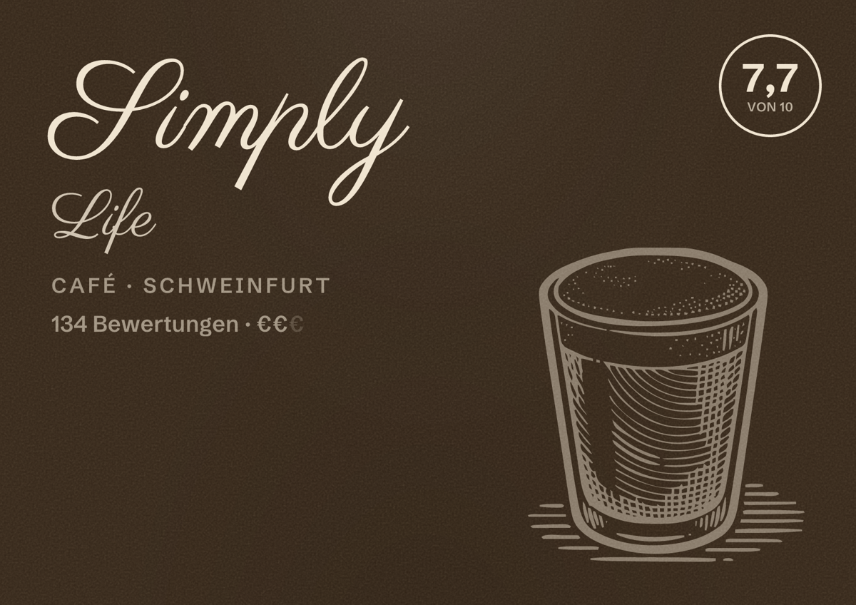 Illustriertes Poster von Simply Life, Café in Schweinfurt: Bewertung 7,7 von 10 aus 134 Bewertungen, Preisniveau €€